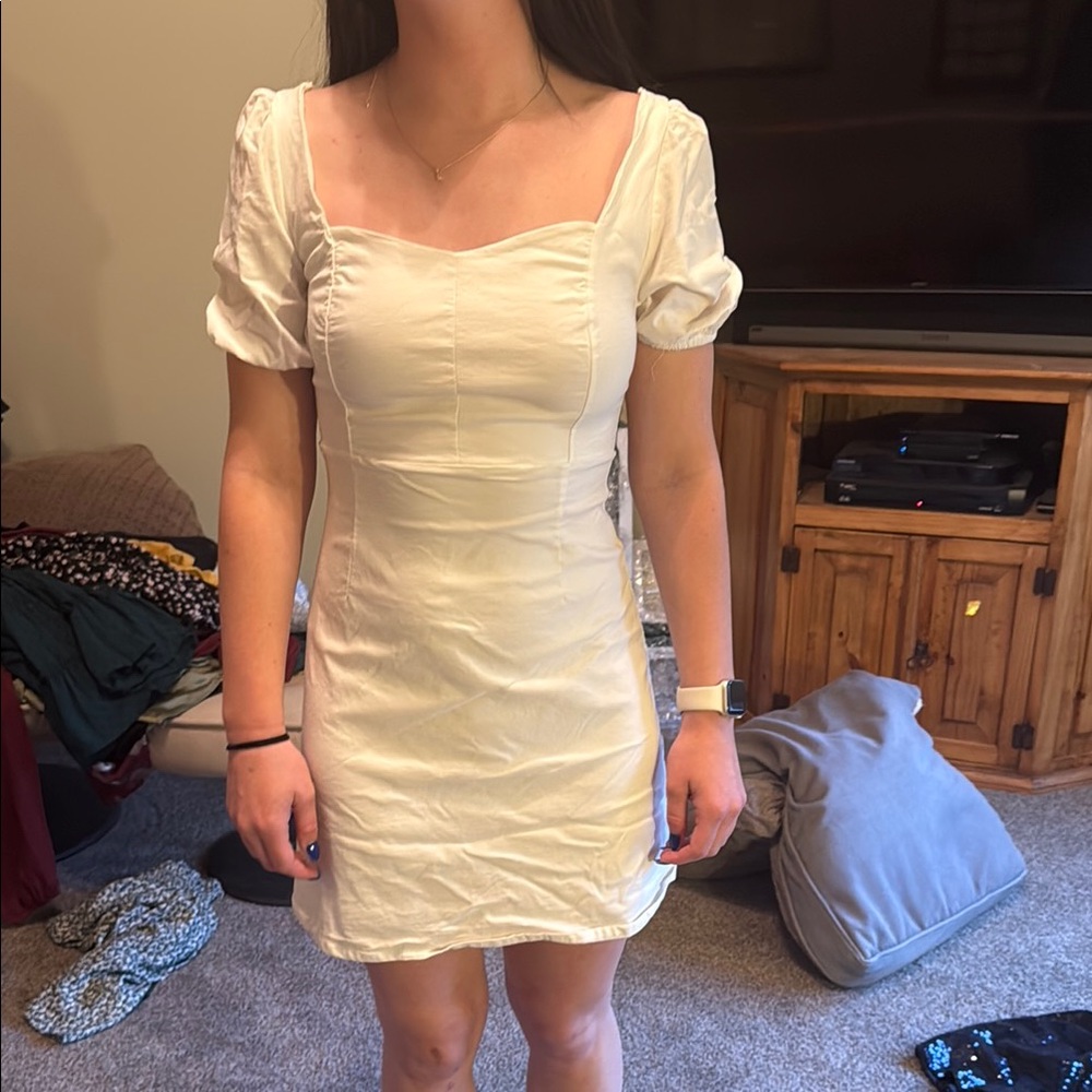 Altar'd State Cream Ruched Puff Sleeve Mini Dress